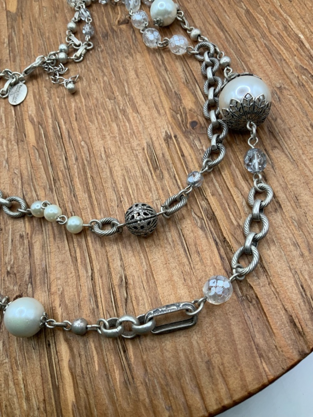 White House Black Market Silver Tone Chain Faux Pearl Double Strands Necklace
